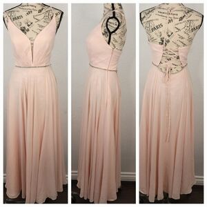 Lulus Sz 2 Maxi Dress Blush V-Neck Under Bust Embellished Corset Back Gown Slit